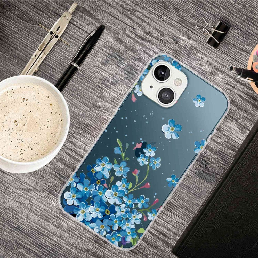iPhone 14 Skal TPU - Transparent / Blå Blommor