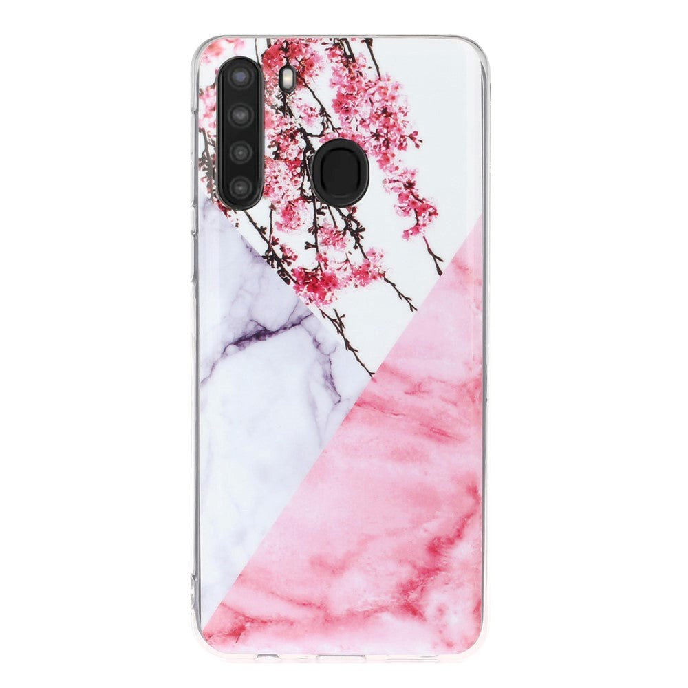 Samsung Galaxy A21 Flexibel plastskal m. Marmortryck - rosa marmor / blommor