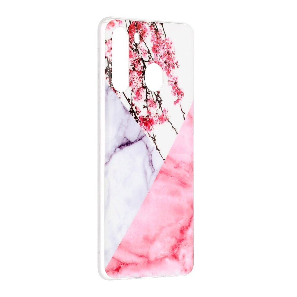 Samsung Galaxy A21 Flexibel plastskal m. Marmortryck - rosa marmor / blommor