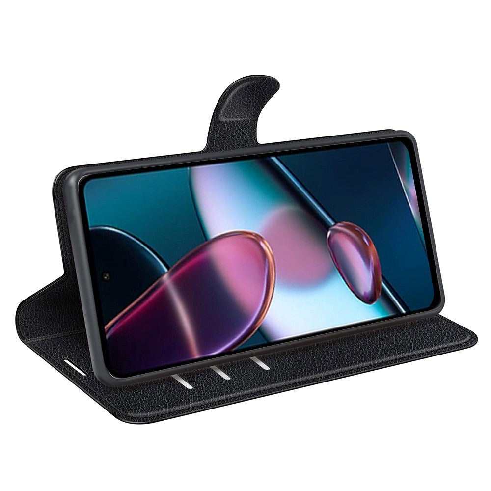 Motorola Edge 30 Pu Litchi läderflip Fodral med plånbok och stativfunktion - Svart