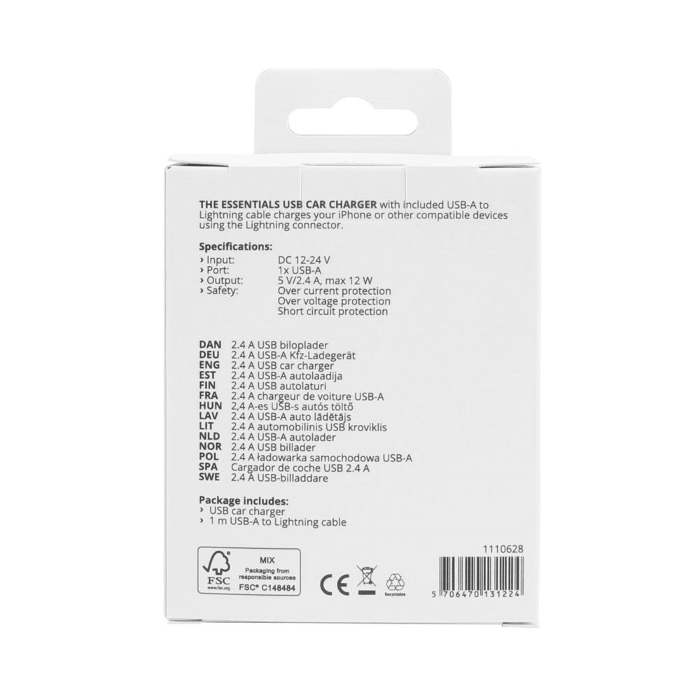 Essentials 12W Billaddare m. USB-A till Lightning Kabel - 1m - Svart