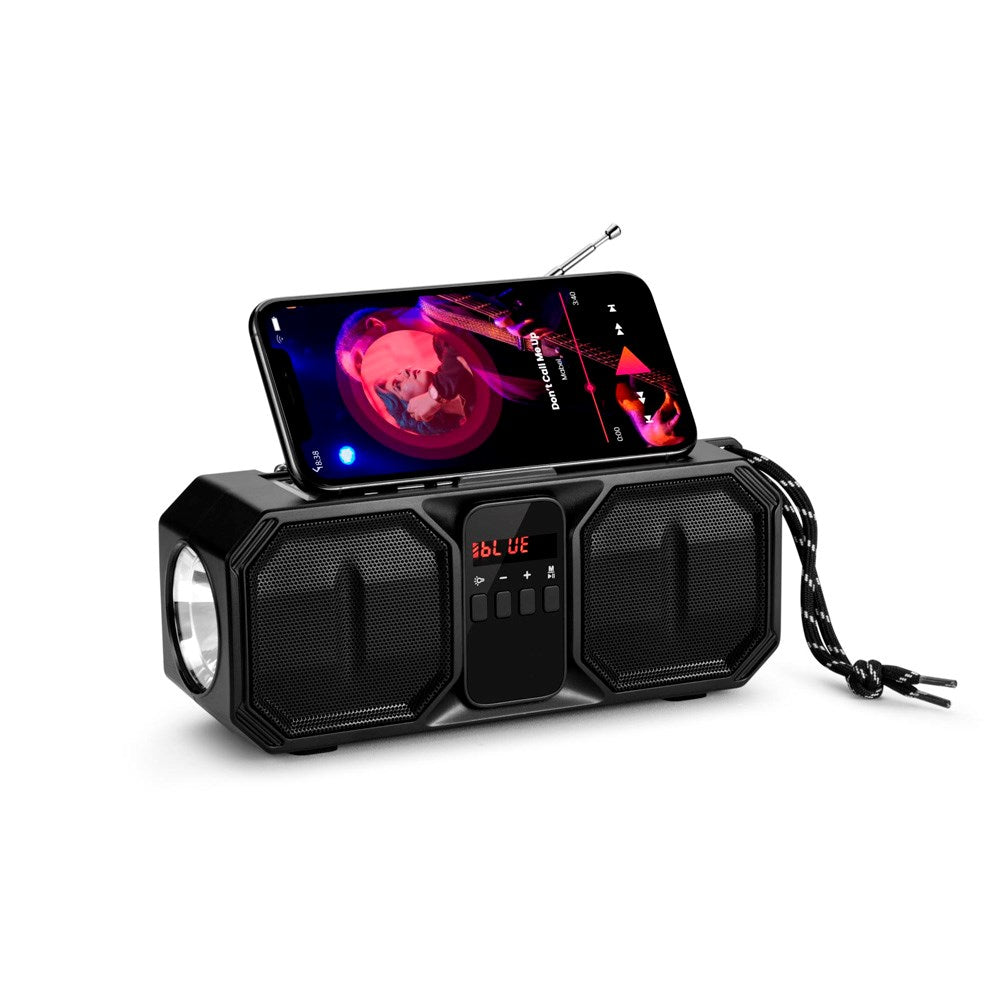 Denver Trådlös Bluetooth Högtalare med FM-Radio & Ficklampa - Solcellsdriven - Svart