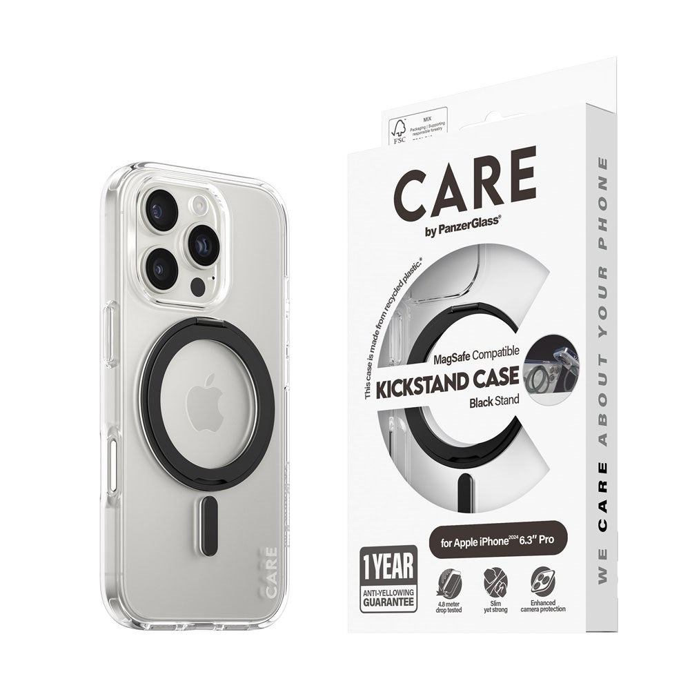 CARE by PanzerGlass iPhone 16 Pro Feature Kickstand Skal - MagSafe Kompatibel - Transparent / Black
