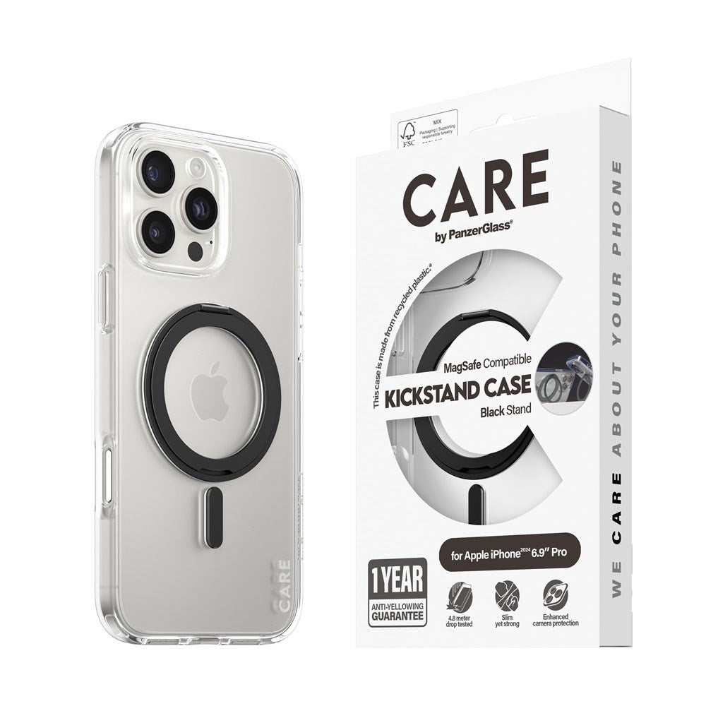 CARE by PanzerGlass iPhone 16 Pro Max Feature Kickstand Skal - MagSafe Kompatibel - Transparent / Black