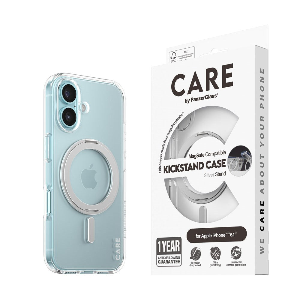 CARE by PanzerGlass iPhone 16 Feature Kickstand Skal - MagSafe Kompatibel - Transparent / Silver