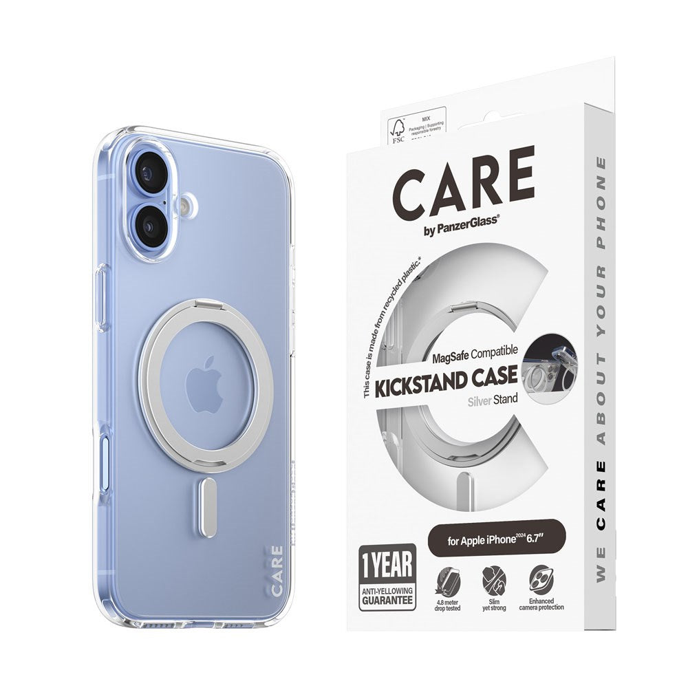 CARE by PanzerGlass iPhone 16 Plus Feature Kickstand Skal - MagSafe Kompatibel - Transparent / Silver