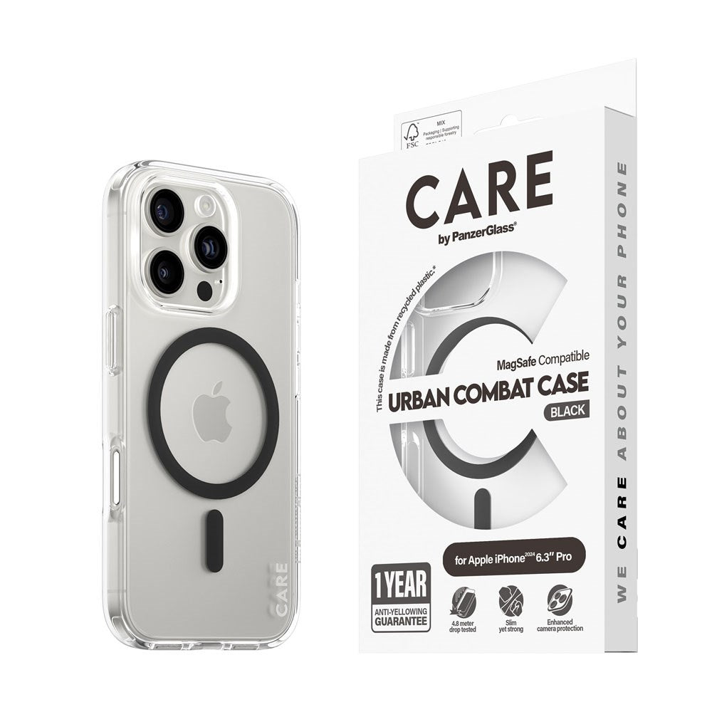 CARE by PanzerGlass iPhone 16 Pro FLAGSHIP Urban Combat Skal - MagSafe Kompatibel -Transparent / Black