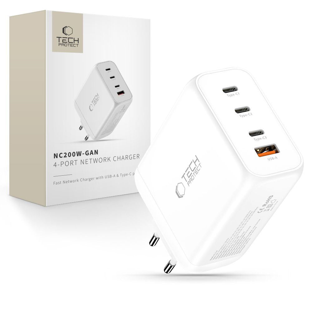Tech-Protect 200W Väggladdare m. 3x USB-C & 1x USB-A - Vit