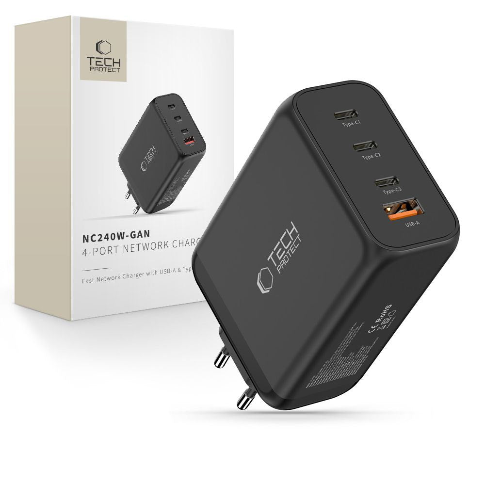 Tech-Protect 240W Väggladdare m. 3x USB-C & 1x USB-A - Svart