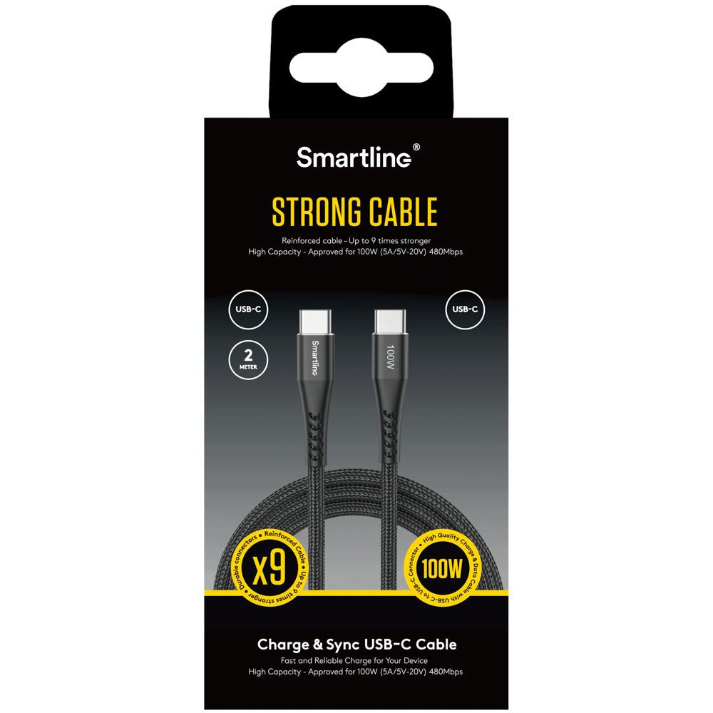 Smartline 100W USB-C till USB-C Kabel 2 m. - Svart