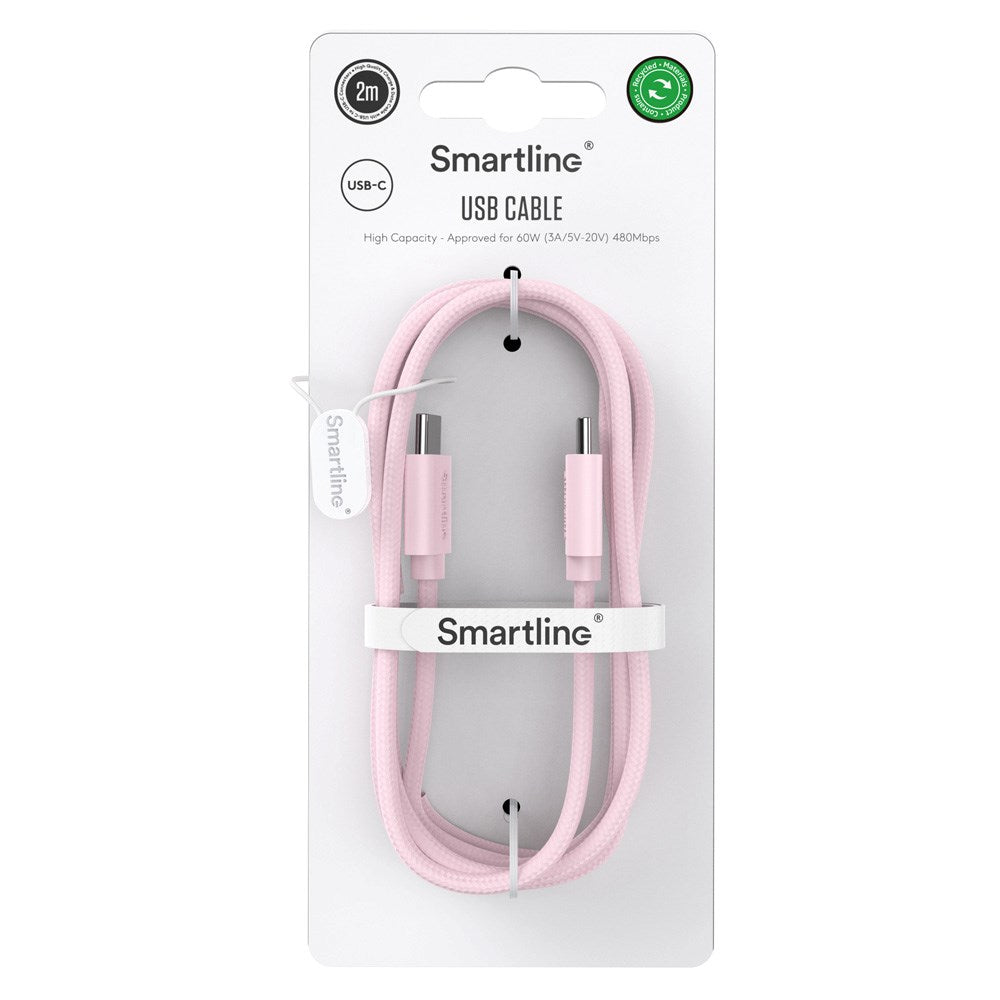 Smartline (60W) USB-C till USB-C Braidy Kabel 2m - Rosa