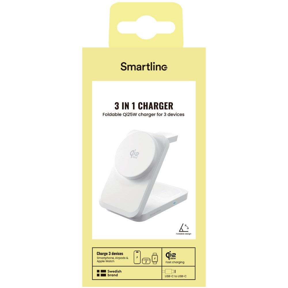 Smartline Hopfällbar 3-in-1 Trådlös Laddare 25W - Qi2 Kompatibel - Vit