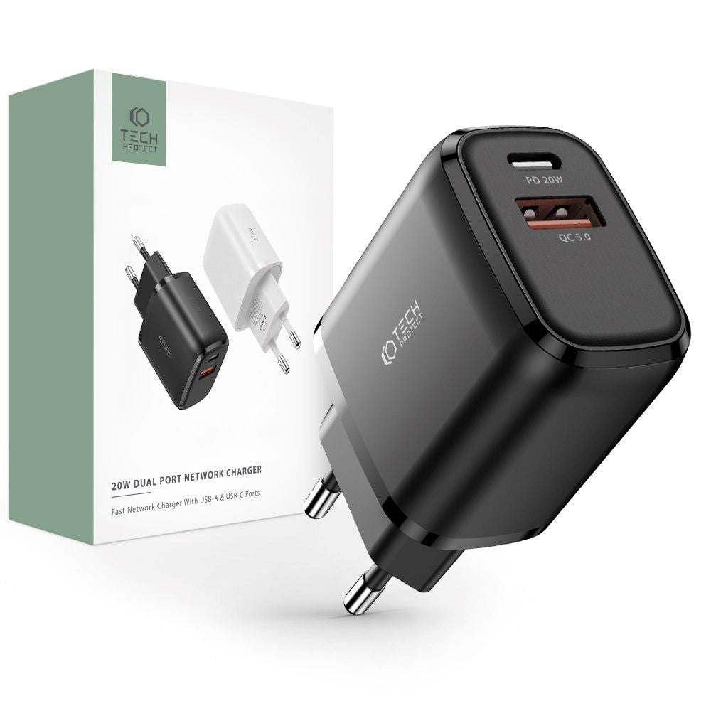 Tech-Protect 20W Wall Charger m. 1 X USB-C & 1 X USB-A - Svart
