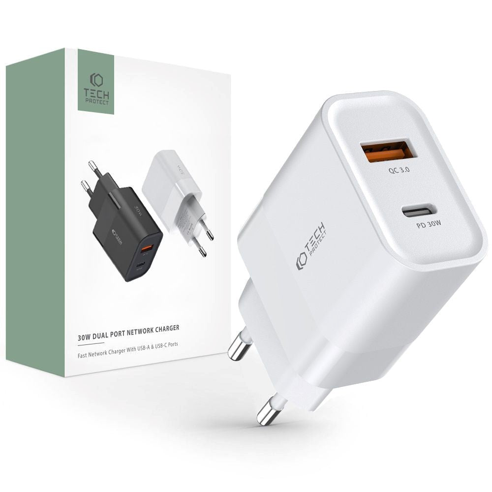 Tech-Protect 30W Väggladdare med 1 X USB-C och 1 X USB-A - Vit