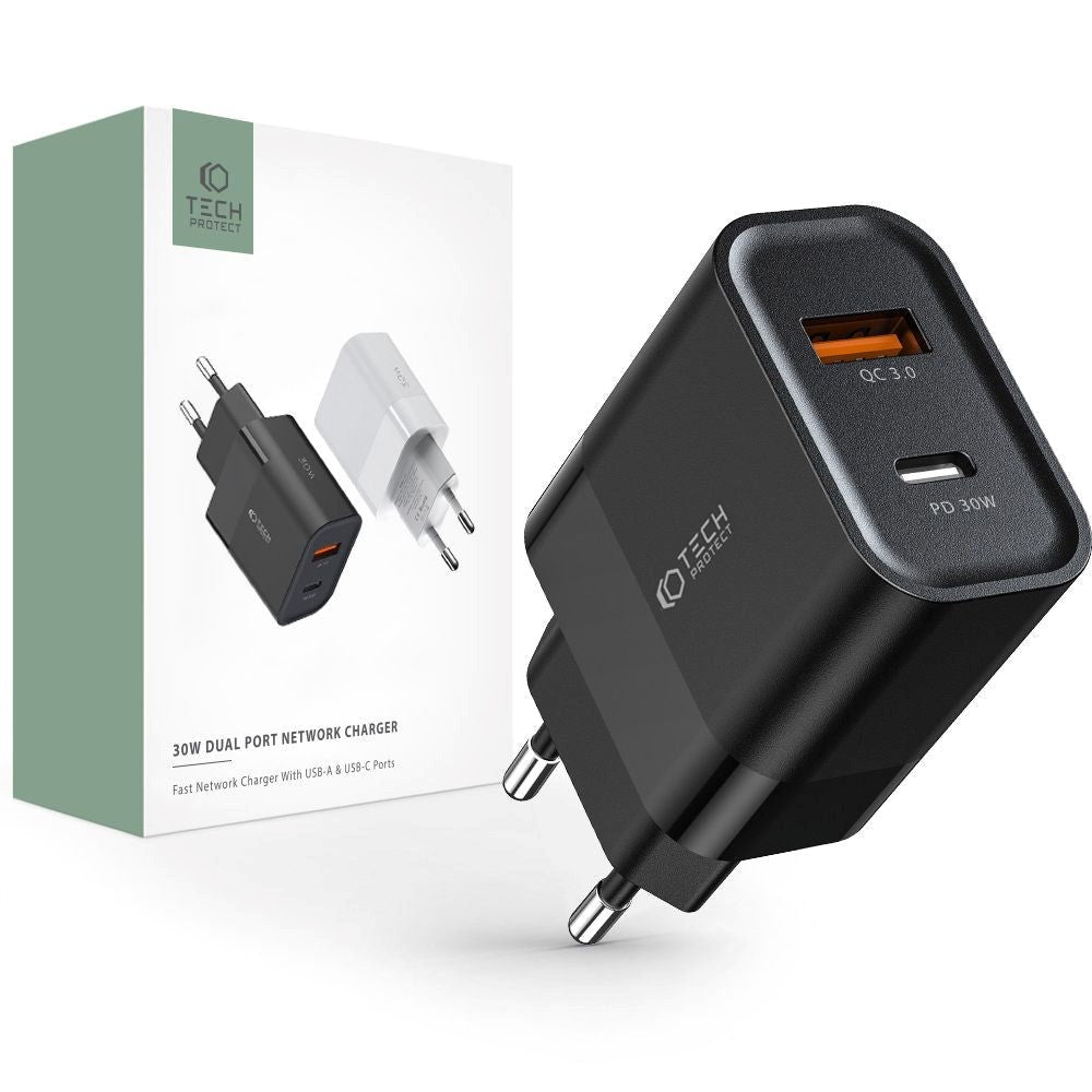 Tech-Protect 30W Väggladdare med 1 X USB-C och 1 X USB-A - Svart