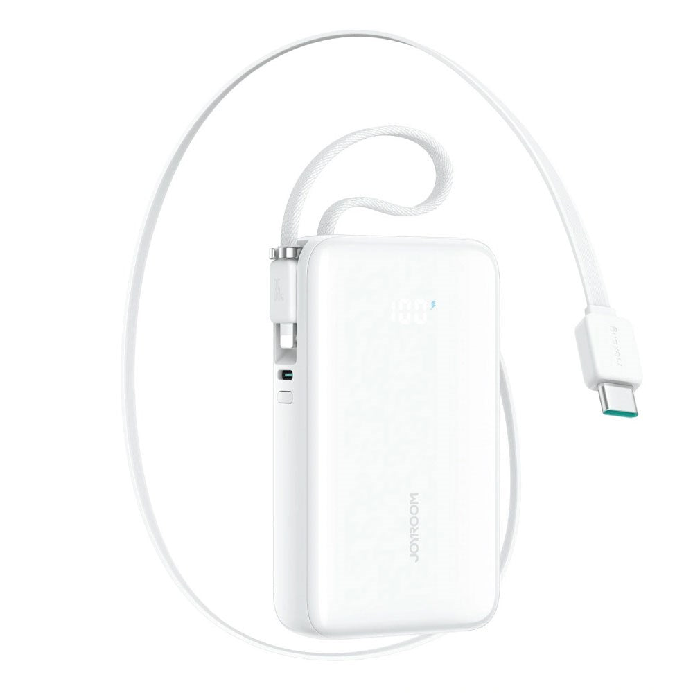 Joyroom JR-PR2L 35W PowerBank m. Utdragbar USB-C Kabel & Inbyggd Lightning Kabel - 10.000 mAh - Vit