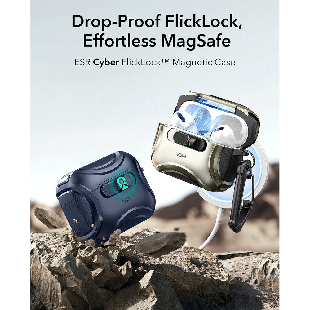 ESR AirPods Pro (3:e gen.) Cyber FlickLock Fodral med Karbinhake – Mörkblå