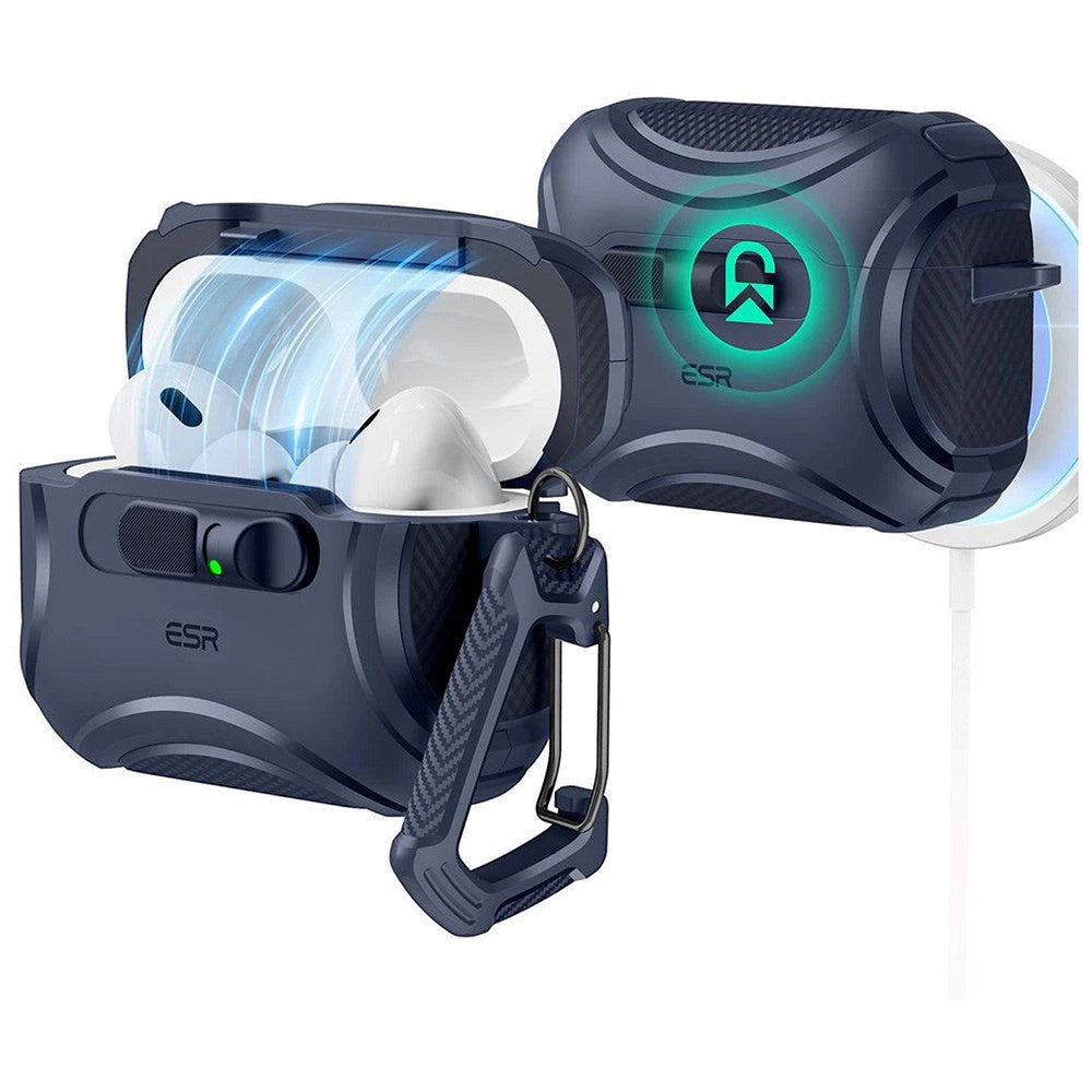 ESR AirPods Pro (3:e gen.) Cyber FlickLock Fodral med Karbinhake – Mörkblå