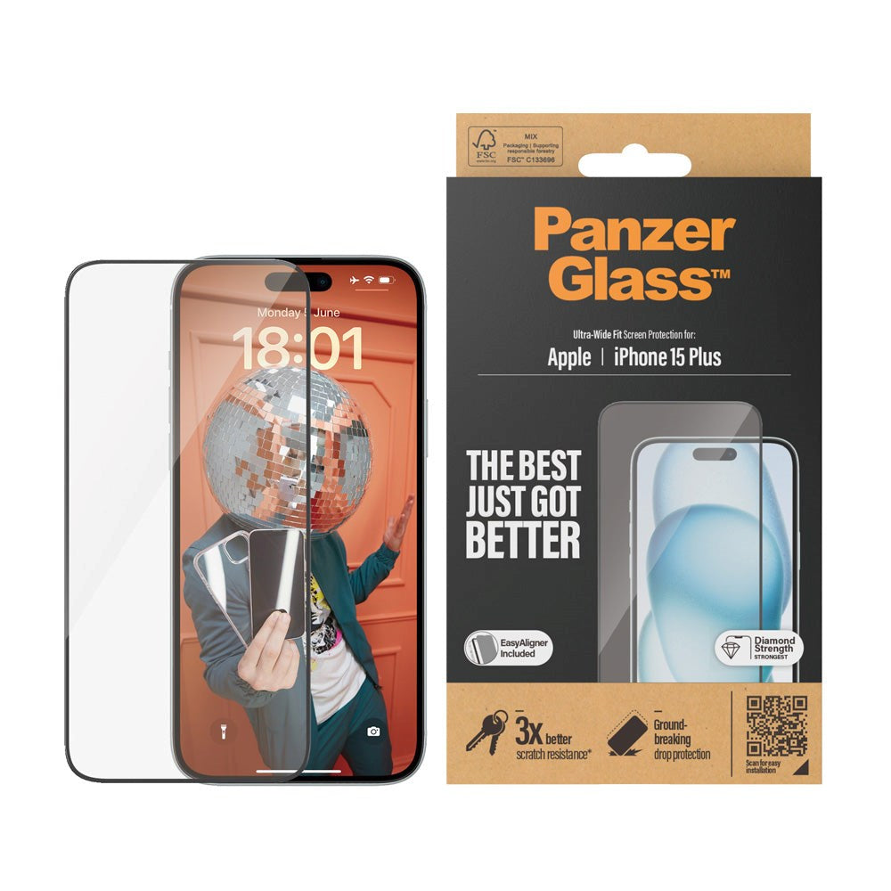 iPhone 15 Plus / 16 Plus PanzerGlass Ultra Wide Fit Skärmskydd m. EasyAligner - Diamond Strength - Genomskinlig / Svart Kant
