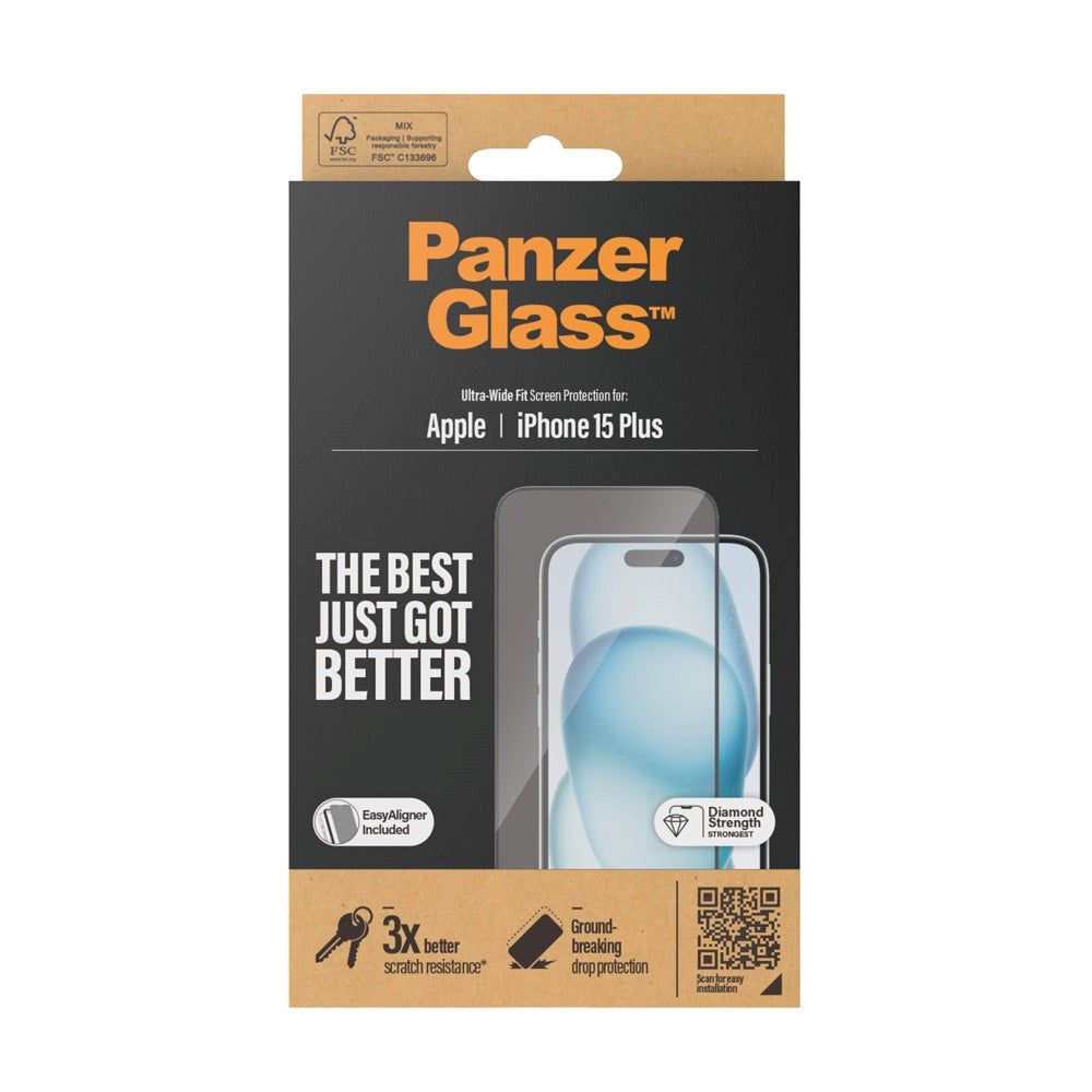 iPhone 15 Plus / 16 Plus PanzerGlass Ultra Wide Fit Skärmskydd m. EasyAligner - Diamond Strength - Genomskinlig / Svart Kant