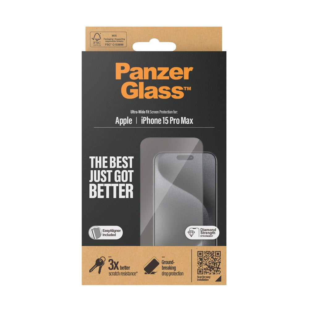 iPhone 15 Pro Max PanzerGlass Ultra Wide Fit Skärmskydd m. EasyAligner - Diamond Strength - Genomskinlig / Svart Kant