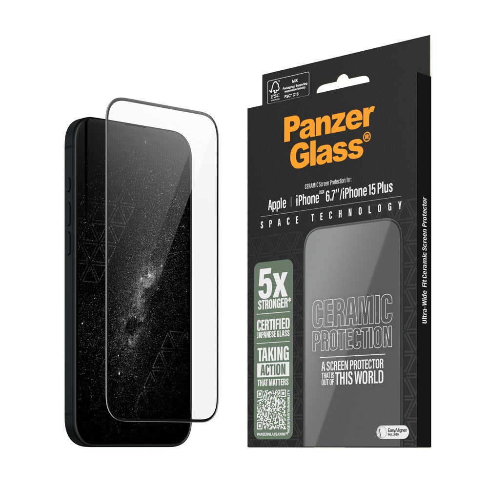 iPhone 15 Plus / 16 Plus PanzerGlass Ultra Wide Fit Ceramic Skärmskydd m. EasyAligner - Svart Kant