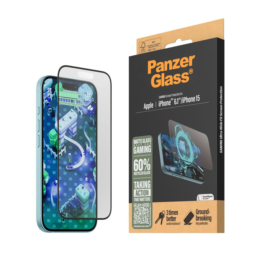 iPhone 15 / 16 PanzerGlass Ultra Wide Fit Skärmskydd m. EasyAligner - Anti-Reflective - Diamond Strength - Genomskinlig / Svart Kant