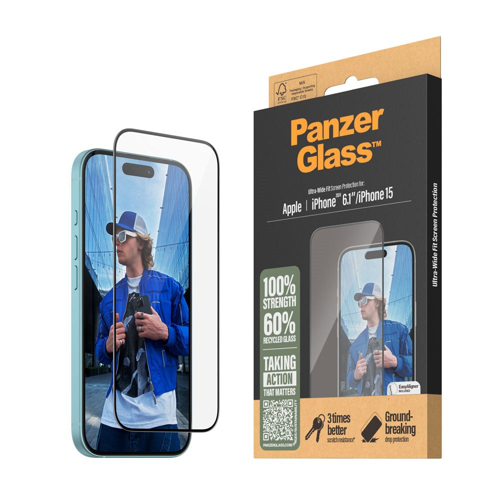 iPhone 15 / 16 PanzerGlass Ultra Wide Fit Skärmskydd m. EasyAligner - Diamond Strength - Genomskinlig / Svart Kant