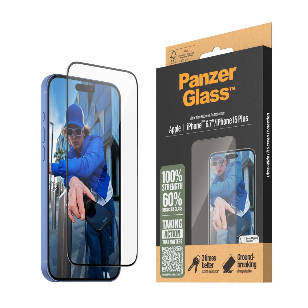 iPhone 15 Plus / 16 Plus PanzerGlass Ultra Wide Fit Skärmskydd m. EasyAligner - Diamond Strength - Genomskinlig / Svart Kant