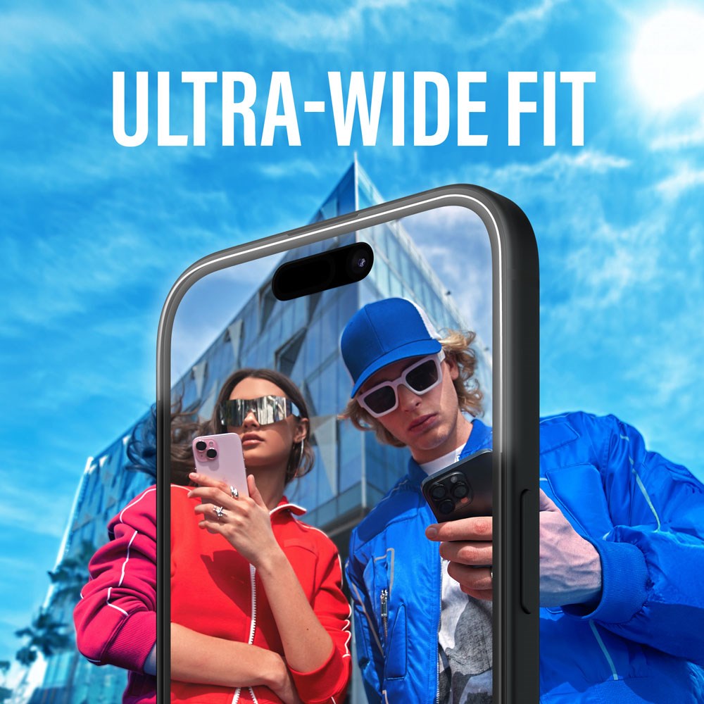 iPhone 15 Plus / 16 Plus PanzerGlass Ultra Wide Fit Skärmskydd m. EasyAligner - Diamond Strength - Genomskinlig / Svart Kant