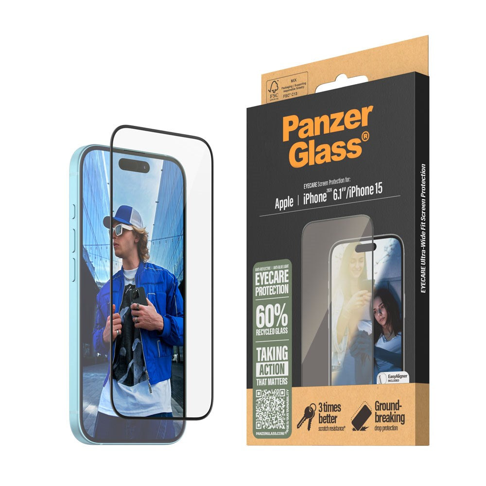 iPhone 15 / 16 PanzerGlass Ultra Wide Fit Skärmskydd m. EasyAligner - EyeCare - Diamond Strength - Genomskinlig / Svart Kant