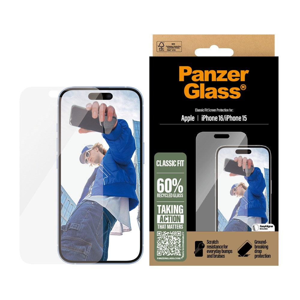 iPhone 15 / 16 PanzerGlass Classic Fit Skärmskydd m. EasyAligner - Platinum Strength - Transparent