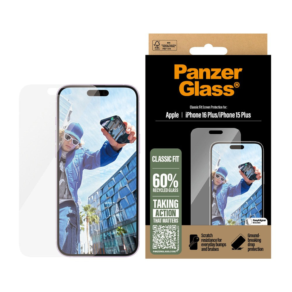 iPhone 15 Plus / 16 Plus PanzerGlass Classic Fit Skärmskydd m. EasyAligner - Platinum Strength - Transparent