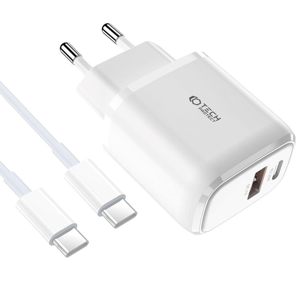 Tech-Protect 20W Väggladdare med 1 x USB-C & 1 x USB-A - Power Delivery - Vit