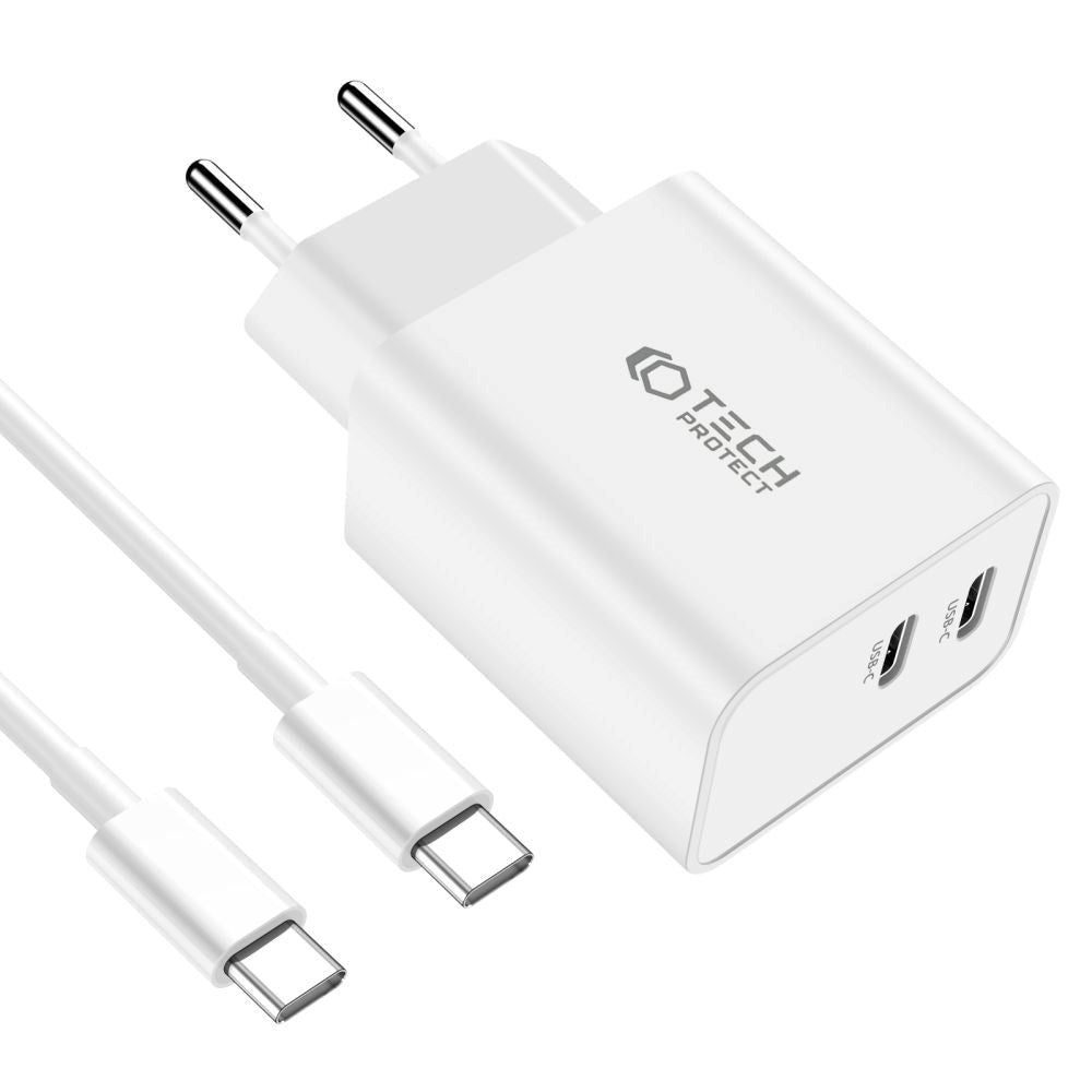 Tech-Protect 35W väggladdare med 2 x USB-C & USB-C-Kabel - Vit