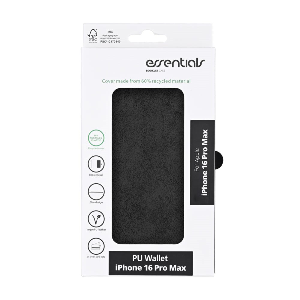 iPhone 16 Pro Max Essentials Konstläder Fodral m. Korthållare & Ställfunktion - Svart