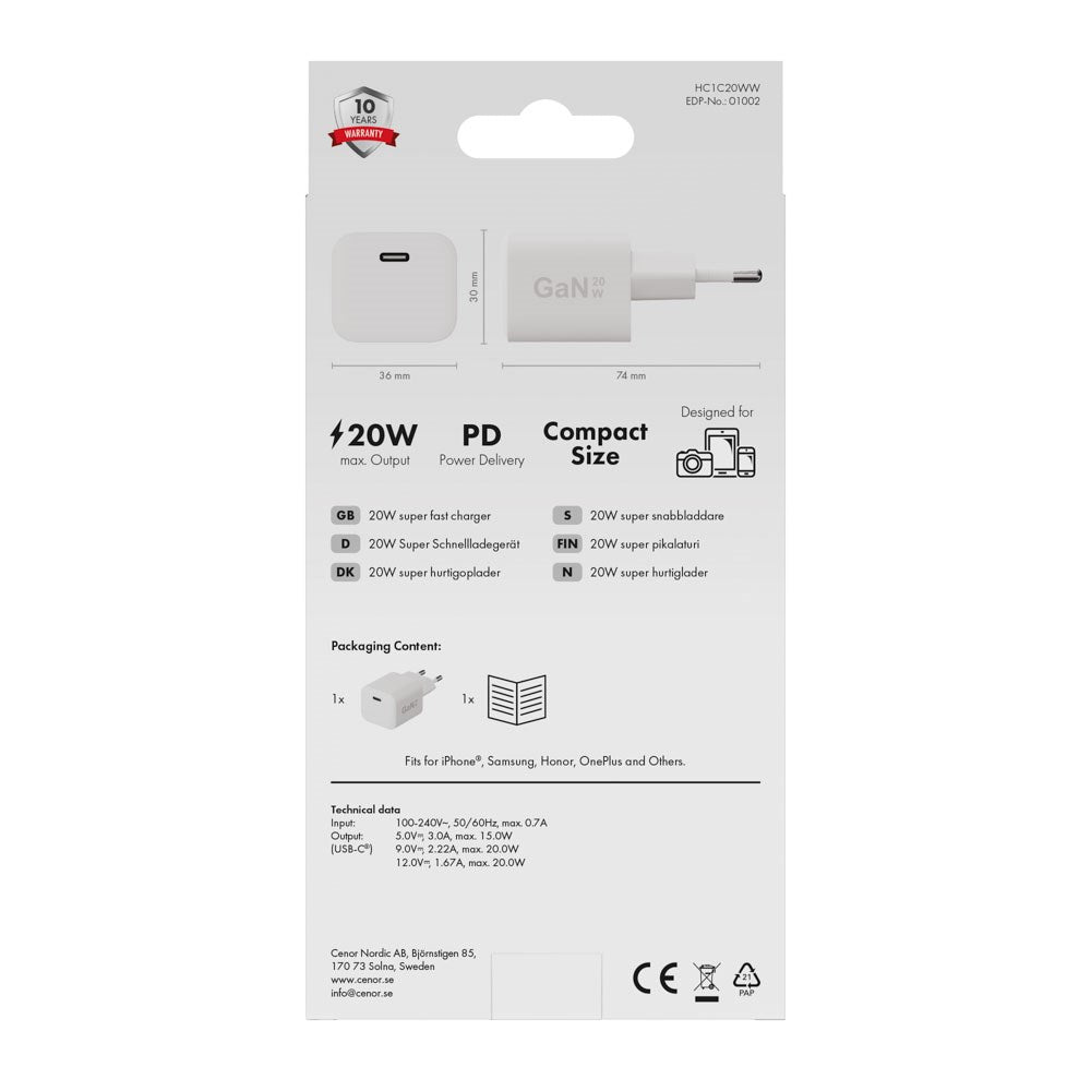 X2O 20W Väggladdare m. 1x USB-C - Vit