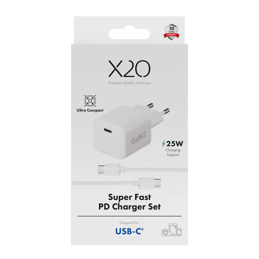 X2O 25W Väggladdare m. 1x USB-C & 1x USB-C Kabel - 1.2m - Vit