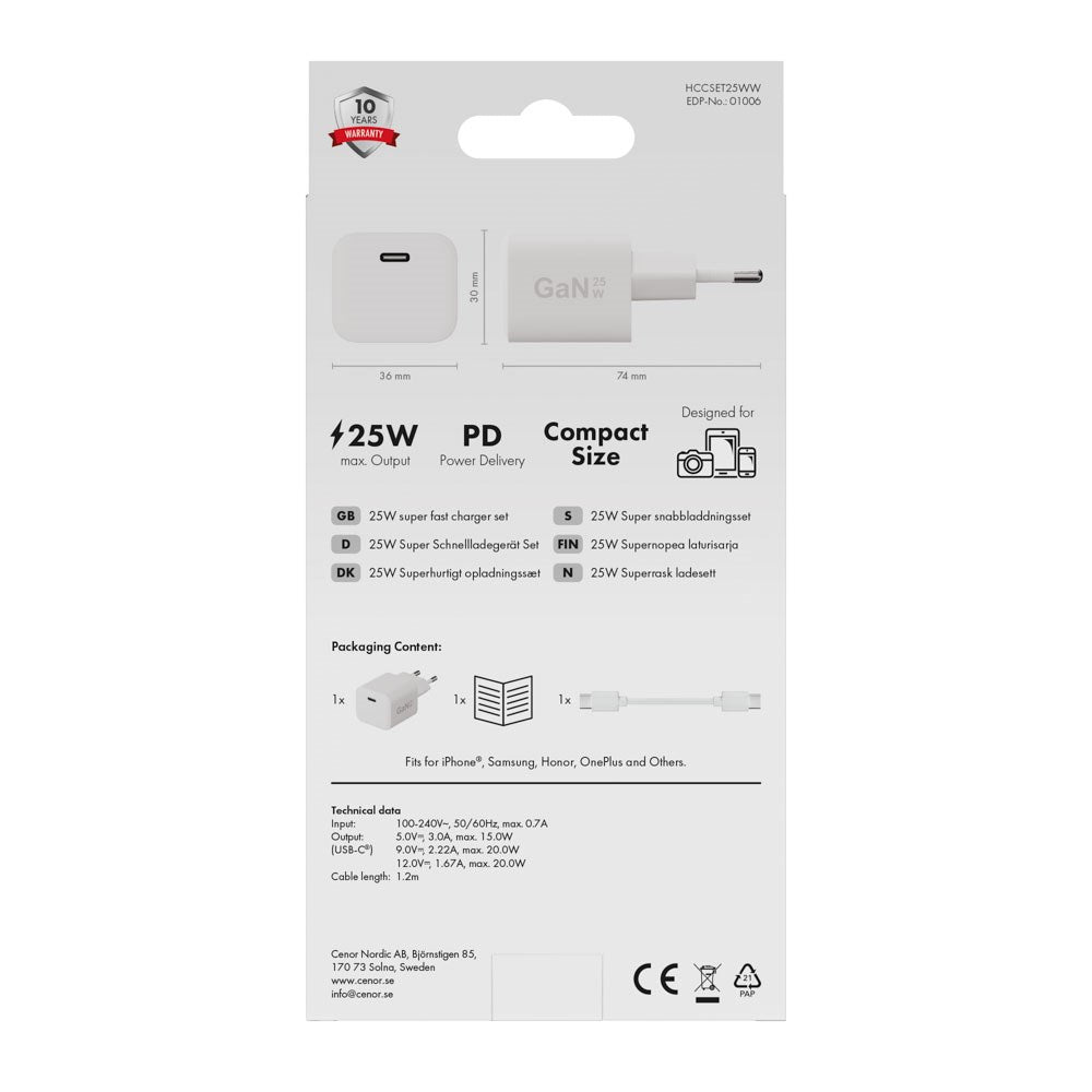 X2O 25W Väggladdare m. 1x USB-C & 1x USB-C Kabel - 1.2m - Vit