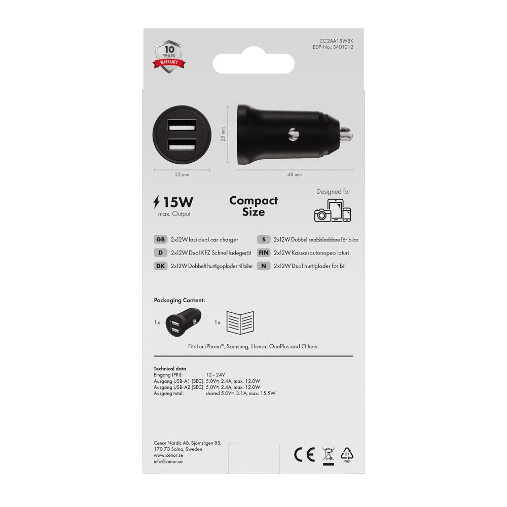 X2O 12W Dubbel Billaddare USB-A - Svart