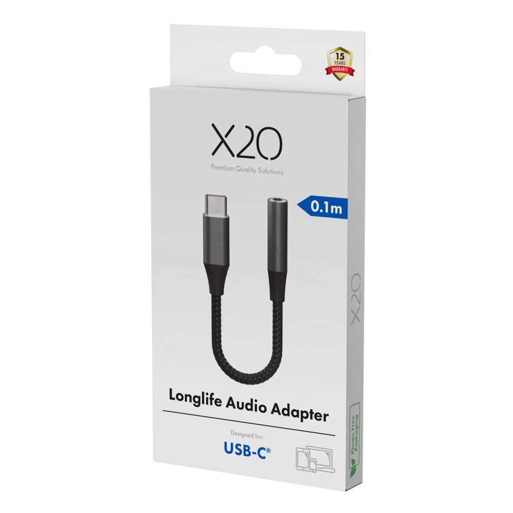 X2O Longlife USB-C till 3.5mm AUX Ljud Adapter - 0.1m - Svart