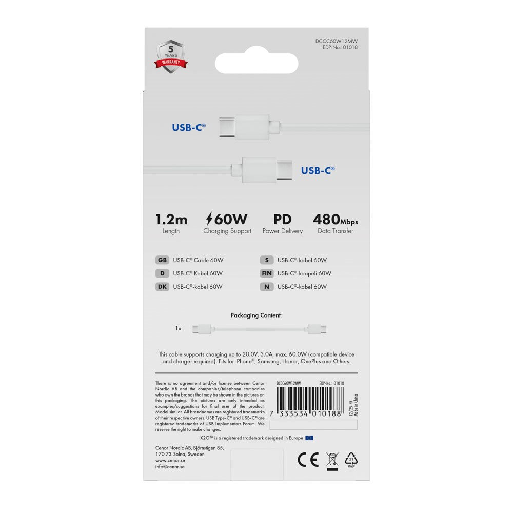 X2O Basic 60W USB-C till USB-C Kabel - 1.2m - Vit