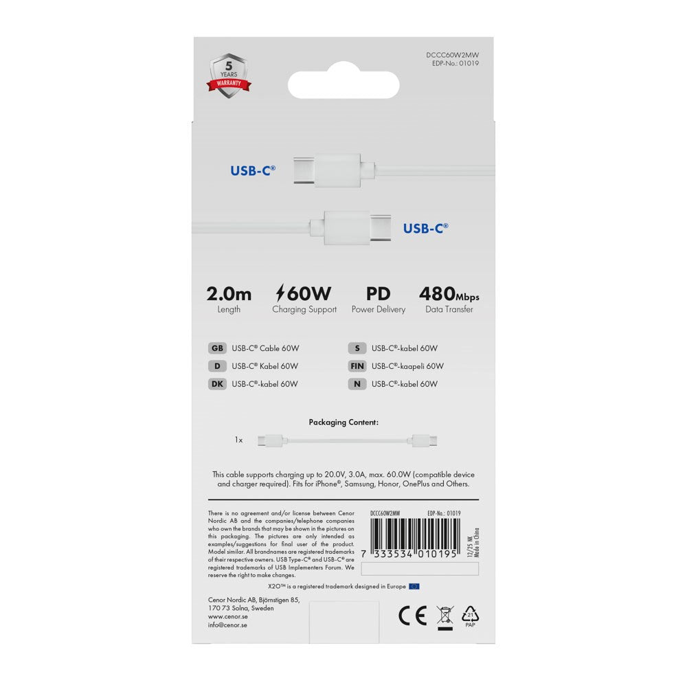 X2O Basic 60W USB-C till USB-C Kabel - 2m - Vit