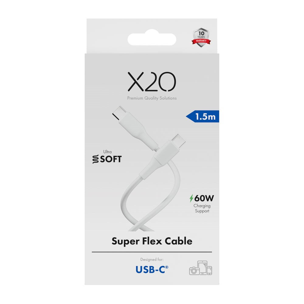 X2O Superflex 60W USB-C till USB-C Kabel - 1.5m - Vit