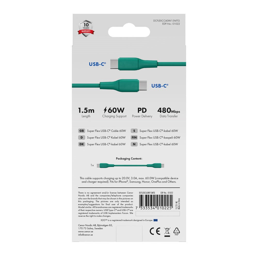 X2O Superflex 60W USB-C till USB-C Kabel - 1.5m - Grön