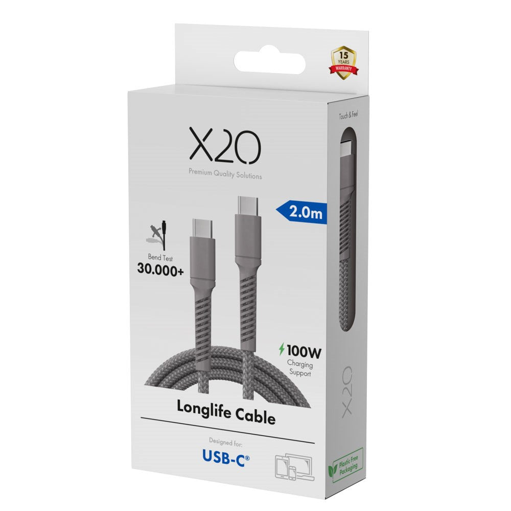 X2O Longlife 100W USB-C till USB-C Kabel - 2m - Grå