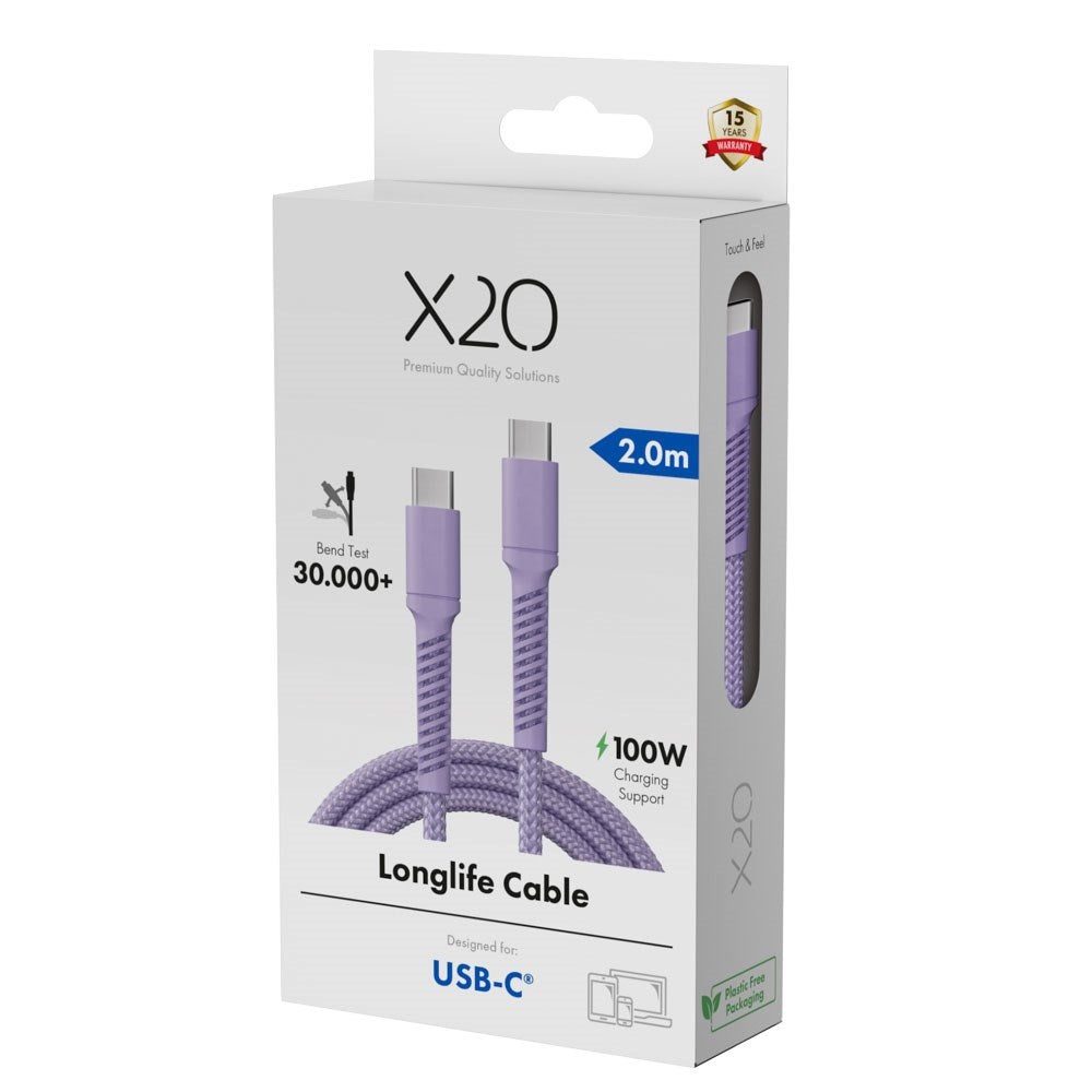 X2O Longlife 100W USB-C till USB-C Kabel - 2m - Lila