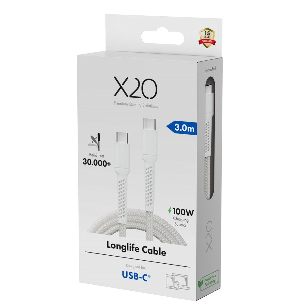 X2O Longlife 100W USB-C till USB-C Kabel - 3m - Vit