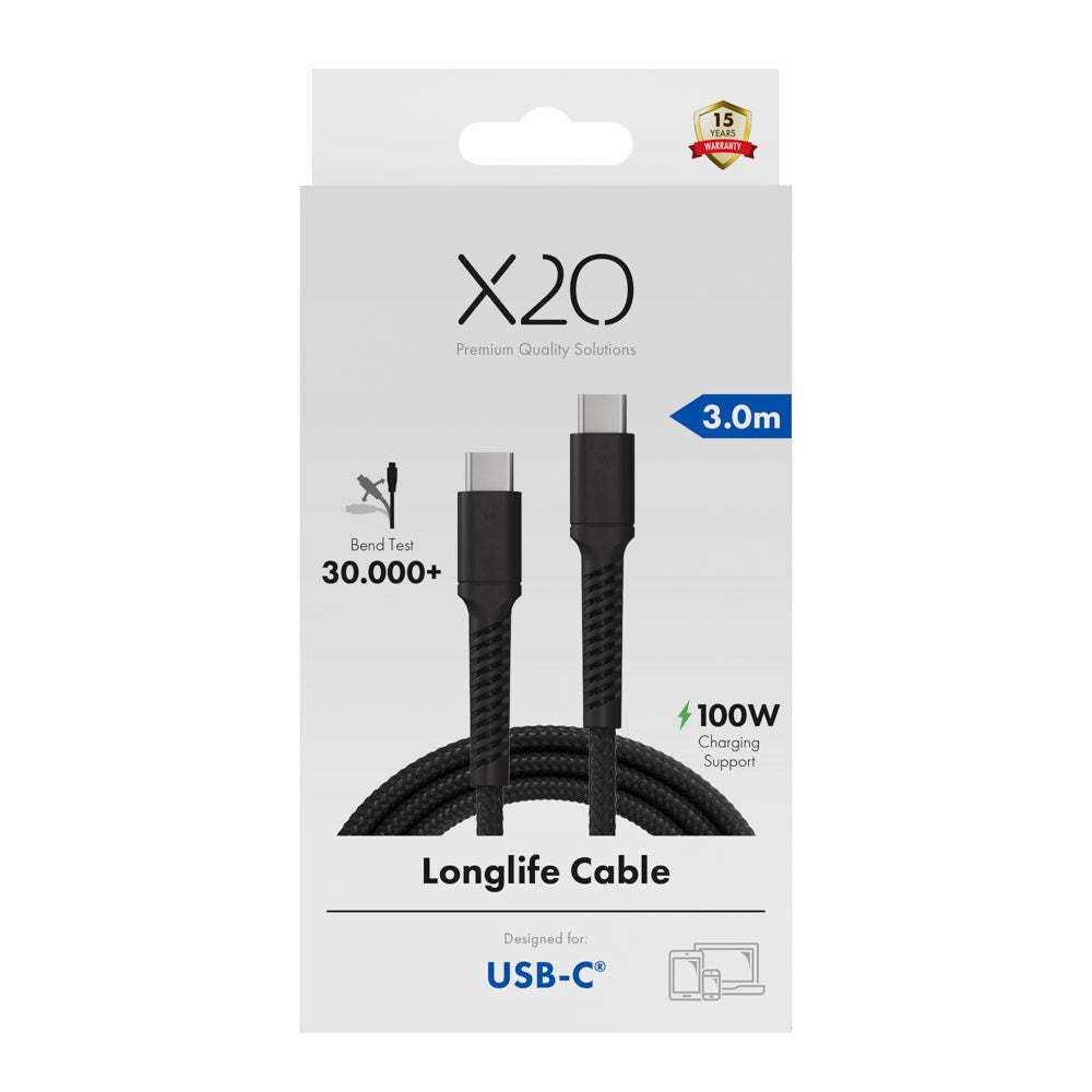 X2O Longlife 100W USB-C till USB-C Kabel - 3m - Svart