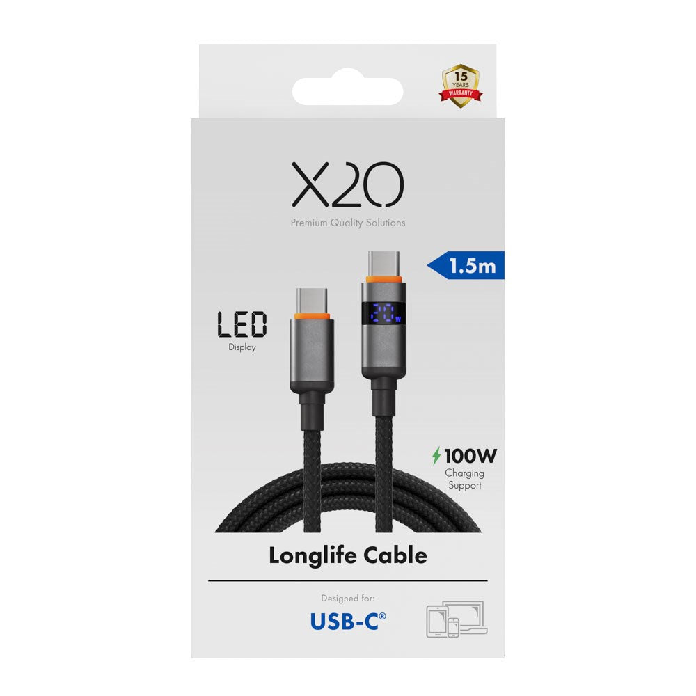 X2O Longlife 100W USB-C till USB-C Kabel m. LED Display - 1.5m - Svart